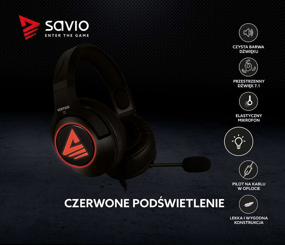 Słuchawki Gamingowe z mikrofonem 7.1 virtual surround SAVIO VERTIGO