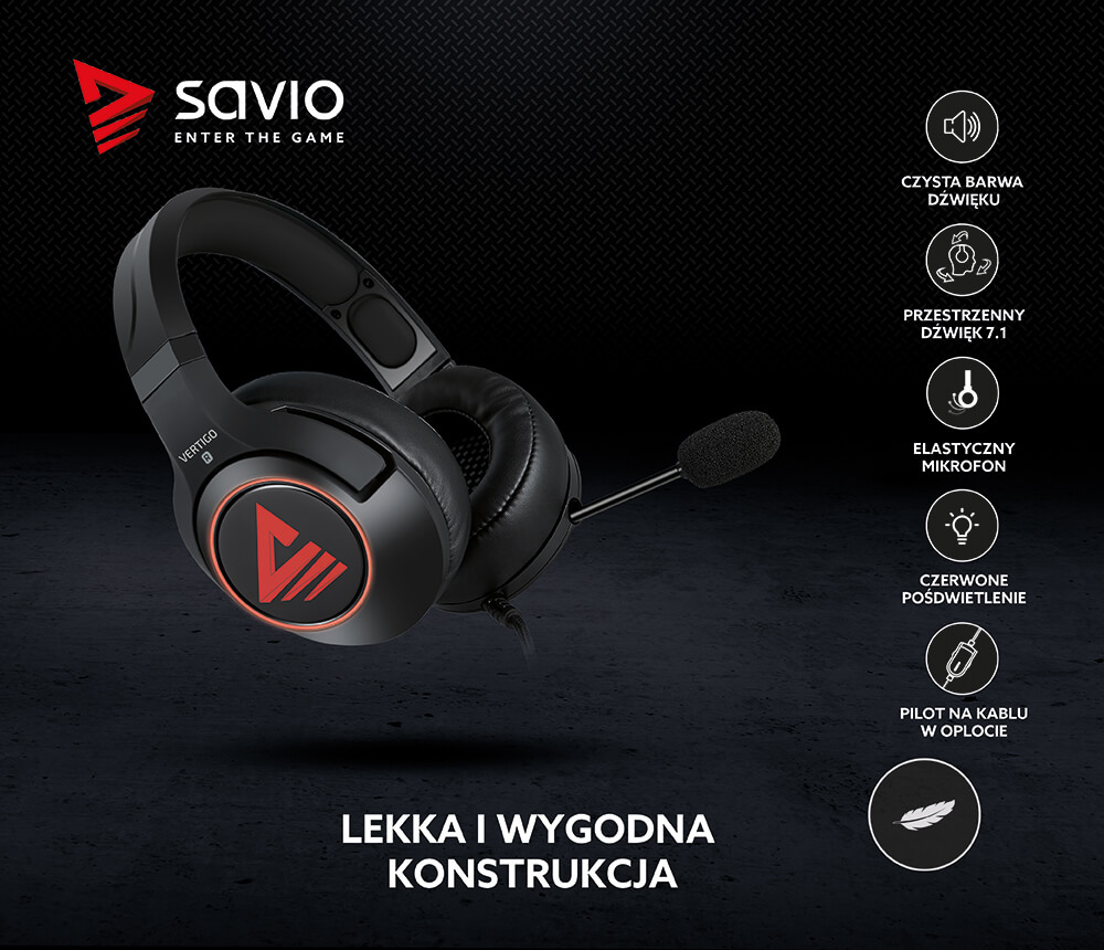 Słuchawki Gamingowe z mikrofonem 7.1 virtual surround SAVIO VERTIGO