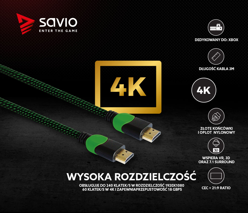 Kabel HDMI 2.0 dedykowany do XBOX zielono-czarny 3m