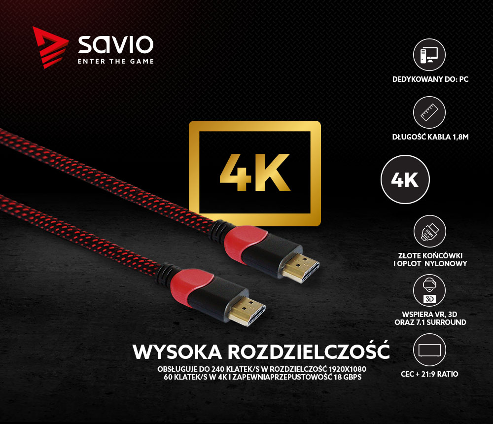 Kabel HDMI 2.0 dedykowany do PC czerwono-czarny 1,8m