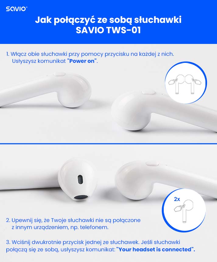 Bezprzewodowe słuchawki Bluetooth Savio TWS-01