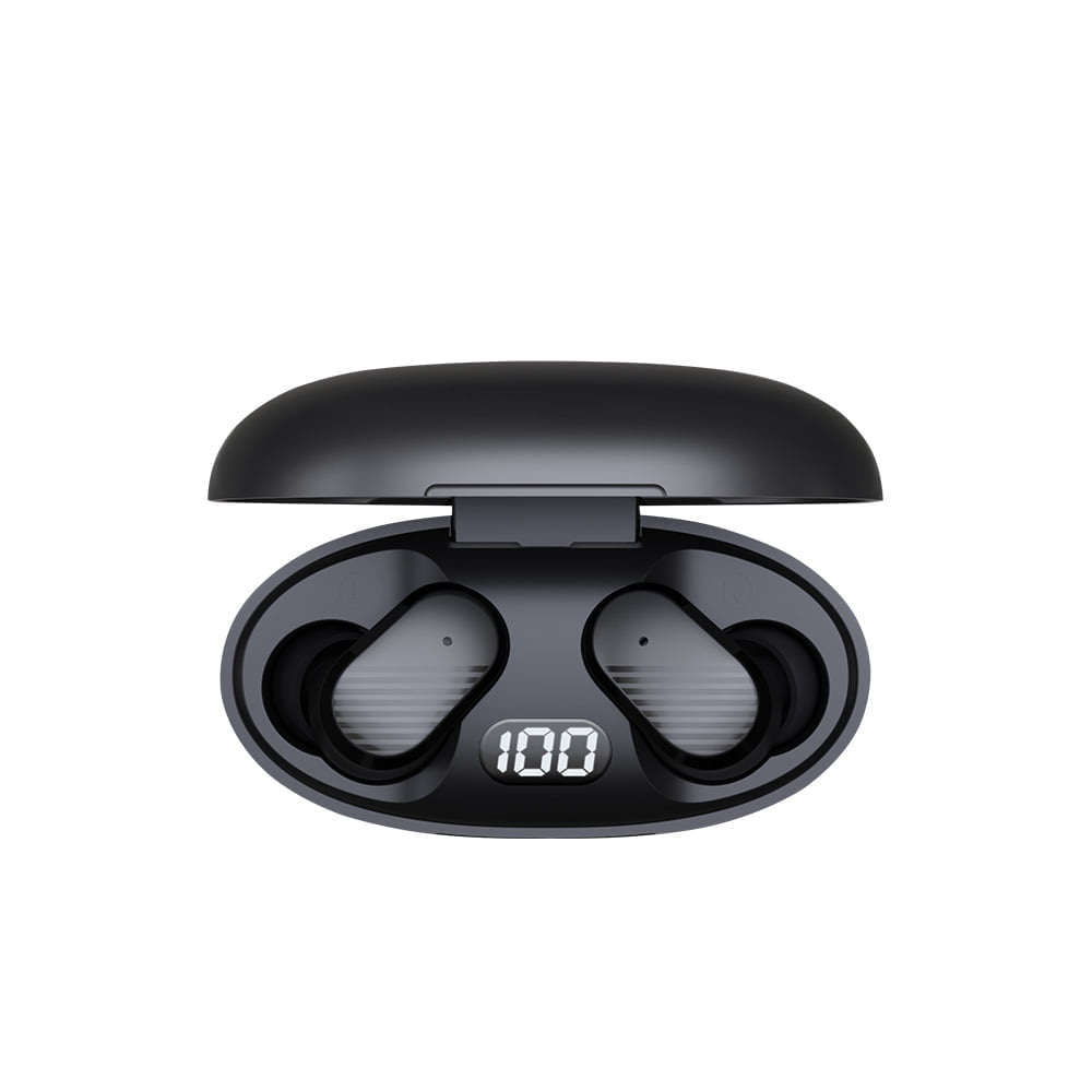 Black earphones on the power back with led display Savio TWS-10