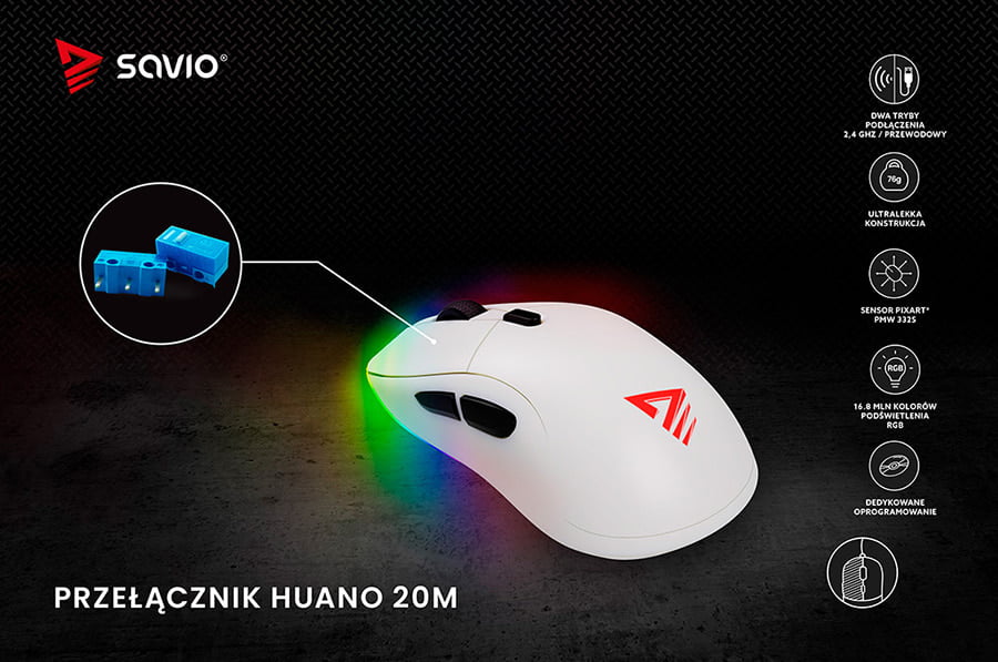 Mysz dla graczy z podświetleniem, zdjęcie switchy i infografika,, Savio Rift White - przelącznik huano 20M