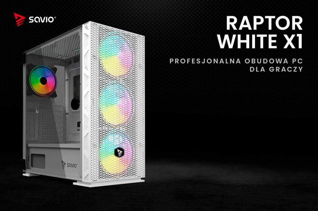 Profesjonalna obudowa PC dla graczy na czarnym tle Savio Raptor White X1