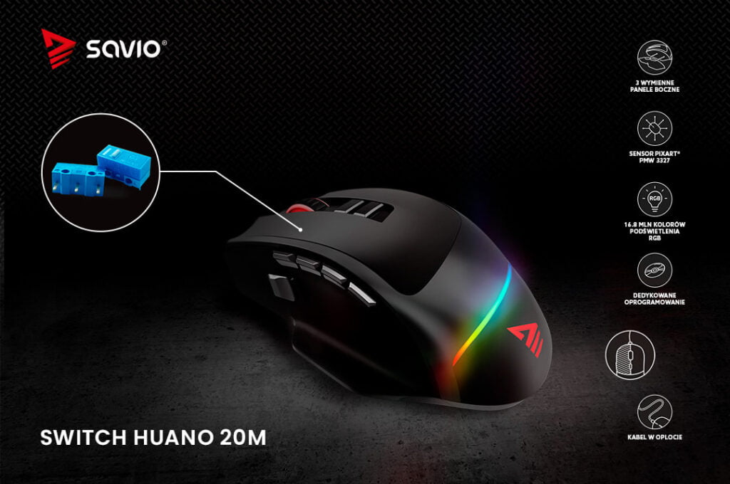 Mysz gamingowa na czarnym tle z infografiką, Savio Valiant - switch huano 20m