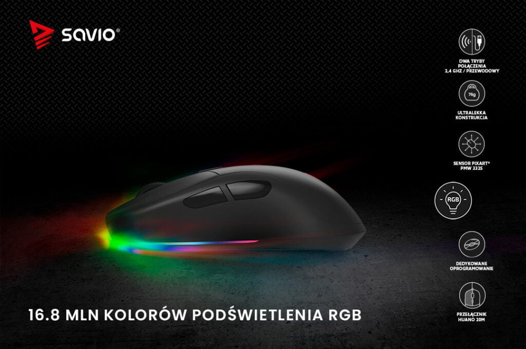 Mysz gamingowa, bok produktu na czasrnym tle z infografiką, Savio Rift Black - 16.8 mln kolorów podświetlenia RGB