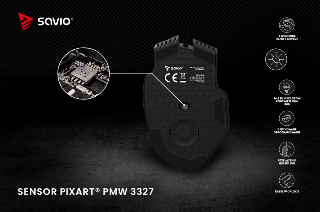 Mysz gamingowa na czarnym tle, spód produktu z powiększeniem sensora, Savio Valiant - sensor pixart pmw 3327
