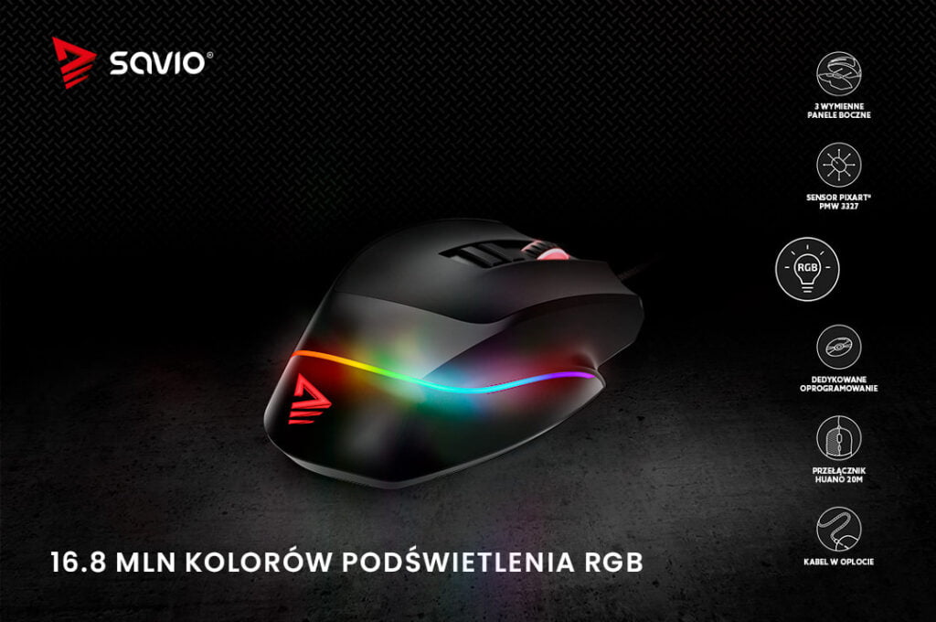 Mysz dla graczy na czarnym tle z infografiką, Savio Valiant - 16.8 mln kolorów podświetlenia RGB