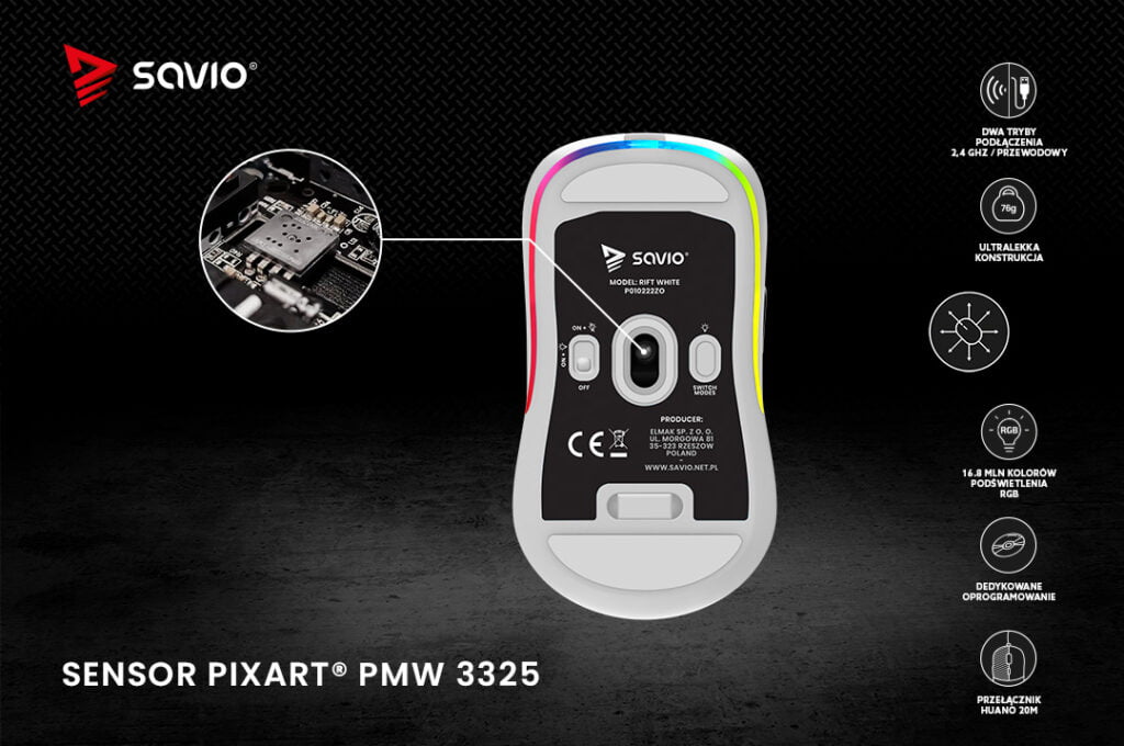 Beprzewodowa mysz gamingowa, spód produktu na czarnym tle ze zdjęciem sensora, Savio Rift White - Sensor Pixart PMW 3325