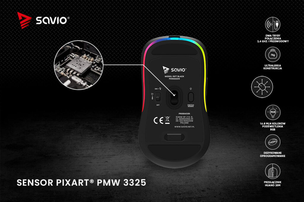 Bezprzewodowa mysz gamingowa, spód produktu ze zdjęciem sensora, Savio Rift Black - sensor pixart PMW 3325