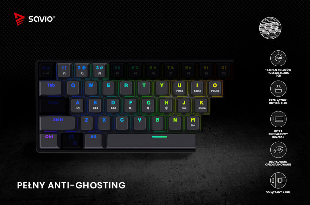 Mechaniczna klawiatura z podświetleniem RGB - czarne tło z infografiką - Savio blackout blue - pełny anti-ghosting
