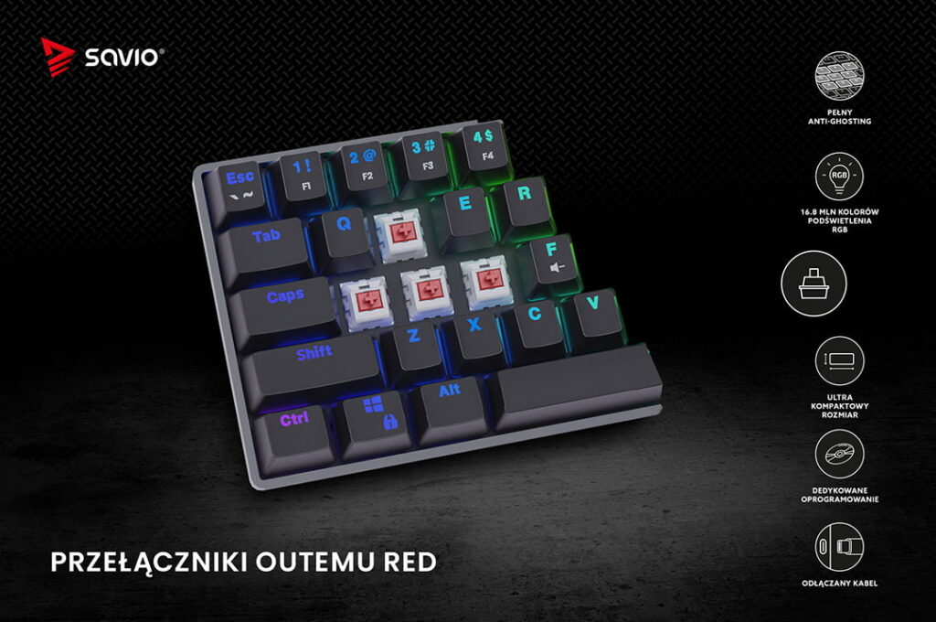 Gamingowa klawiatura dla graczy - czarne tło z infografiką - Savio Blackout RED - Przełączniki outemu